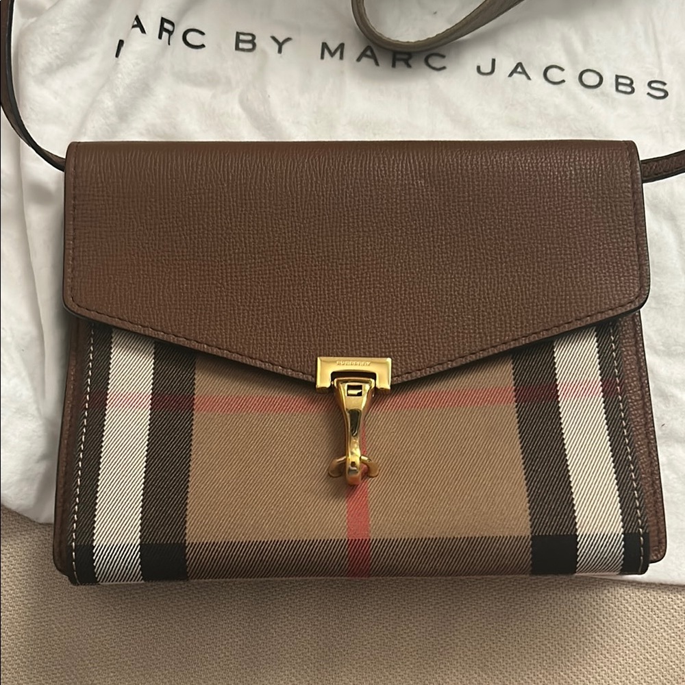 Burberry Brown and Tan Crossbody Bag with Iconic Check Pattern